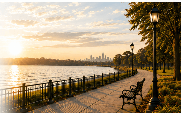 Peaceful waterfront path at sunrise, representing a calm first step toward contacting the office.
