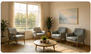 Comfortable Serenity Springs office waiting area with chairs and natural light.